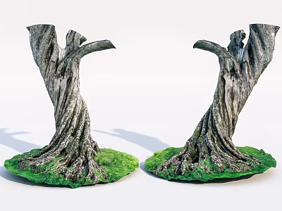 Two Dead Tree Trunks With Exposed Roots On Green Grass Base Decorative Models 3d model