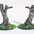 Two Dead Tree Trunks With Exposed Roots On Green Grass Base Decorative Models