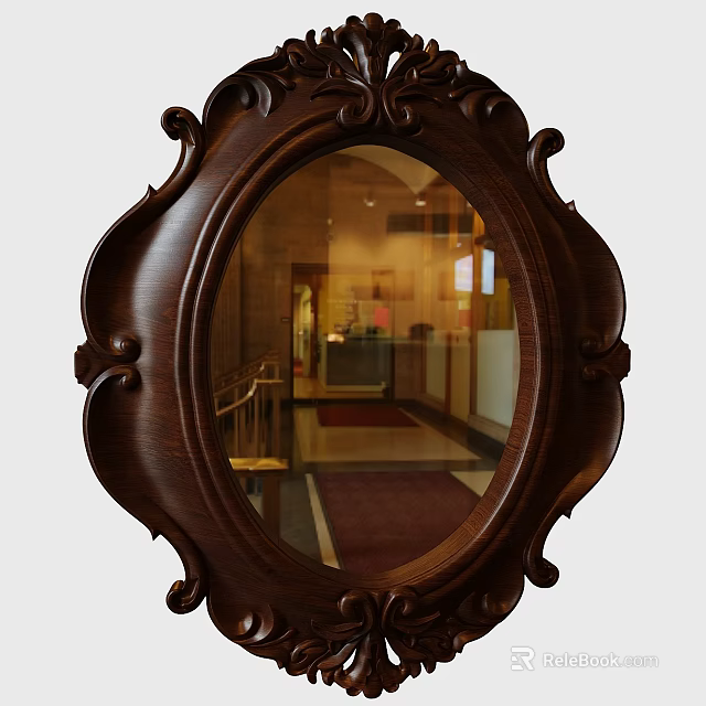Oval Mirror With Dark Wooden Intricate Carved Frame Reflecting Interior Hallway 3d model 