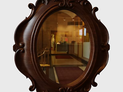 Oval Mirror With Dark Wooden Intricate Carved Frame Reflecting Interior Hallway 3d model