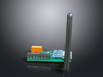 Electronic Green Circuit Board Module With Orange Square Component Blue Chip Long Black Antenna 3d model