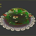 Stack of Pancakes with Banana Slices Strawberries Blueberries and Syrup on Lace Doily Plate
