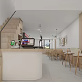 Two Level Restaurant Interior With Dining Tables Chairs Beverage Cooler And Decorative Paintings