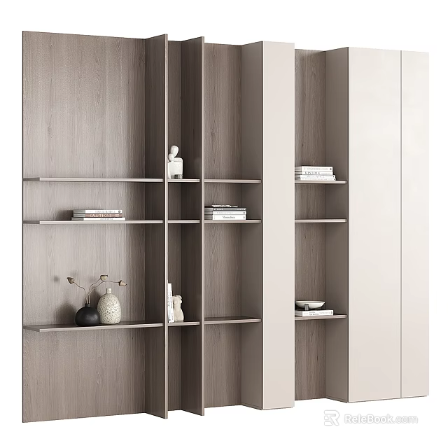 Modern Wooden Bookshelf Interior With Multiple Shelves Books And Decorative Items 3d model 