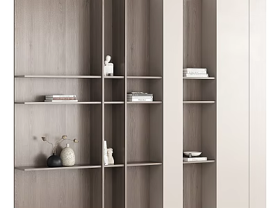 Modern Wooden Bookshelf Interior With Multiple Shelves Books And Decorative Items 3d model