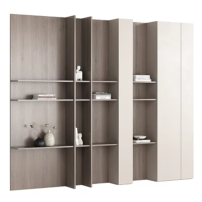 Modern Wooden Bookshelf Interior With Multiple Shelves Books And Decorative Items 3d model