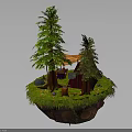 Floating Natural Island Scene With Green Grass Tall Pine Trees And Red Camping Tent