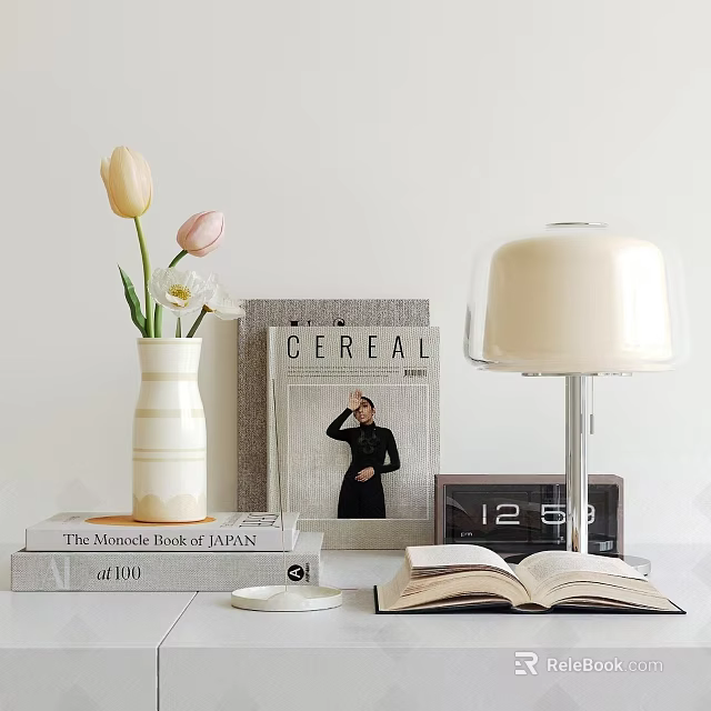 Decorative Ornament Set With Vase Tulips Books Lamp Clock And Open Book 3d model 