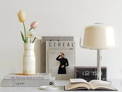 Decorative Ornament Set With Vase Tulips Books Lamp Clock And Open Book 3d model