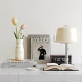 Decorative Ornament Set With Vase Tulips Books Lamp Clock And Open Book