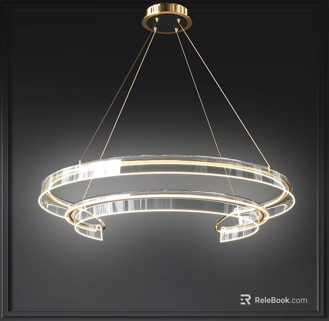 Modern Circular Chandelier Design With Transparent Crystal And Illuminated Golden Frames 3d model 