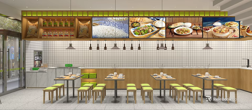 Modern Restaurant Interior With Neat Tables Chairs Hanging Lights And Food Displays On Walls 3d model 