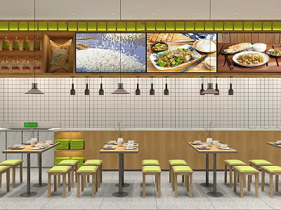 Modern Restaurant Interior With Neat Tables Chairs Hanging Lights And Food Displays On Walls 3d model