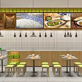 Modern Restaurant Interior With Neat Tables Chairs Hanging Lights And Food Displays On Walls