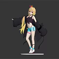 Anime Style 3D Character Model With Horns Long Golden Hair Purple Top And Blue Shorts