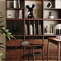 Modern Minimalist Bedroom Interior with Dark Wooden Bookshelf Desk Lamp Laptop Books Decor Blinds and Chair