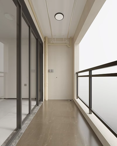Home Balcony Interior Design With Glass Sliding Doors Metal Railings And Tile Flooring 3d model