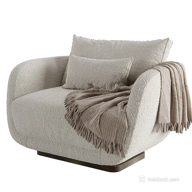 Light Gray Plush Fabric Lounge Chair With Cushion Throw Blanket And Dark Wooden Base 3d model 