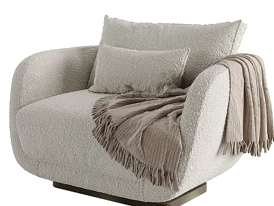 Light Gray Plush Fabric Lounge Chair With Cushion Throw Blanket And Dark Wooden Base 3d model