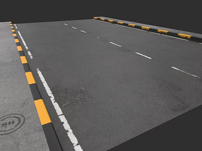 Urban Road Surface With White Dashed Lines Yellow Black Curbs And Manhole Cover 3d model