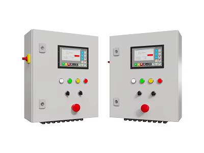 Industrial Equipment Control Panels Featuring Display Screens Control Buttons Knobs And Red Emergency Buttons 3d model