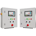 Industrial Equipment Control Panels Featuring Display Screens Control Buttons Knobs And Red Emergency Buttons