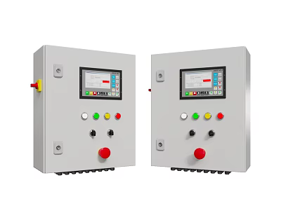 Industrial Equipment Control Panels Featuring Display Screens Control Buttons Knobs And Red Emergency Buttons 3d model