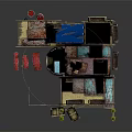 Rustic Multi Layered Building with Blue Water Tank Wooden Crates Plants Awnings and Windmill
