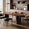 Modern Dining Table Set With Long Wooden Table And Black Leather Chairs In Open Kitchen