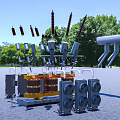 Industrial Power Transformer With Radiator Fins Insulator Bushings And Cylindrical Tank In Outdoor Green Setting
