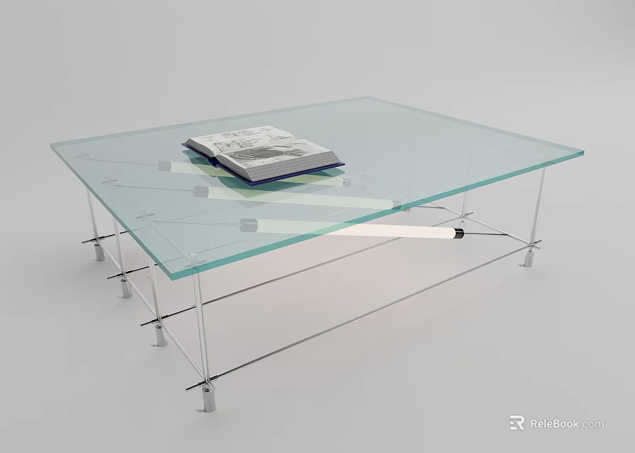 Glass Coffee Table with Transparent Top and Metal Frame Featuring a Book on Surface 3d model 