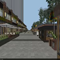 Commercial Street Evening Scene With Illuminated Shops Pedestrians Decorative Trees And Tall Buildings