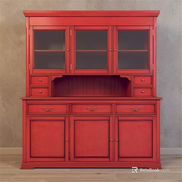 Red Sideboard With Multiple Drawers Doors And Glass Cabinet Top Design 3d model 
