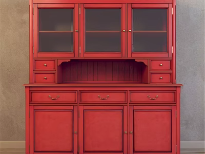 Red Sideboard With Multiple Drawers Doors And Glass Cabinet Top Design 3d model