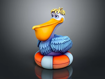 Game Movie Pelican Character With Yellow Hair Orange Beak Blue Feathers On Orange White Lifebuoy 3d model