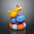 Game Movie Pelican Character With Yellow Hair Orange Beak Blue Feathers On Orange White Lifebuoy