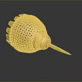 Golden Hummingbird Sculpture With Perforated Shiny Metallic Body On Dark Background With Reflection