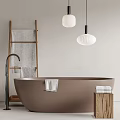 Modern Brown Bathtub With Wooden Ladder White Towel And Pendant Lights