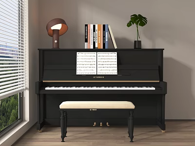 Instrument and Art Supplies Setup with Black Piano Cream Bench Sheet Music Lamp and Potted Plant 3d model