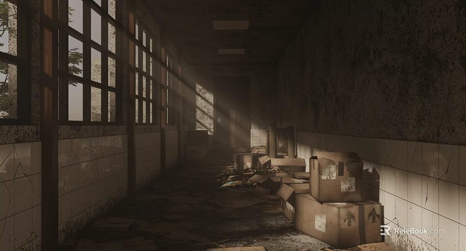 Abandoned Warehouse Interior With Cardboard Boxes Dust And Sunlight Through Windows 3d model
