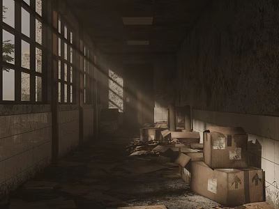 Abandoned Warehouse Interior With Cardboard Boxes Dust And Sunlight Through Windows 3d model