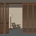Wooden Slatted Folding Doors in Modern Interior With Chair Floor Lamp And Plant