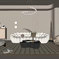 Modern Beige Living Room Interior With Circular Sofa Coffee Table Spherical Chandelier And Geometric Rug