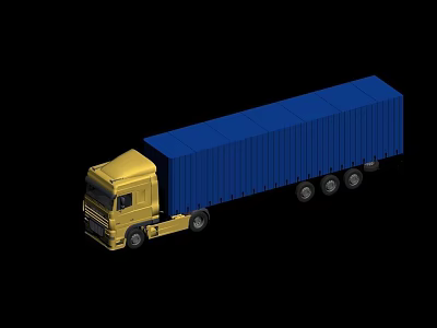 Yellow Tractor Trailer Truck With Yellow Cab Blue Cargo Container And Wheels 3d model