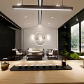 Modern Tea Room Interior With Wooden Table Tea Set Sofa Chairs And Green Plants