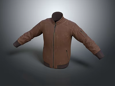 Brown Leather Jacket With Zipper Front Cuffed Sleeves And Pockets For Casual Daily Wear 3d model