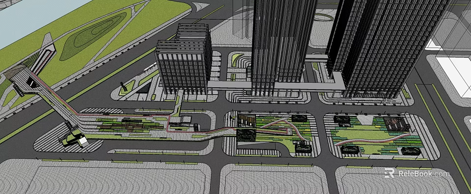 Modern Urban Commercial Street With Tall Buildings Pedestrian Walkways And Transport Links 3d model 
