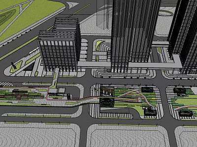 Modern Urban Commercial Street With Tall Buildings Pedestrian Walkways And Transport Links 3d model
