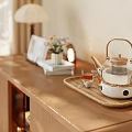 Wooden Entryway Side Cabinet With Glass Door Drawers Table Lamp Plant And Tea Set