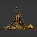 Natural Stacked Arbor Branches Forming Campfire Surrounded by Stones on Earthy Ground